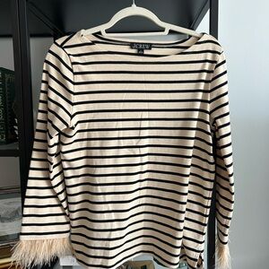 J. Crew Black and Cream Striped Feather Women's Top